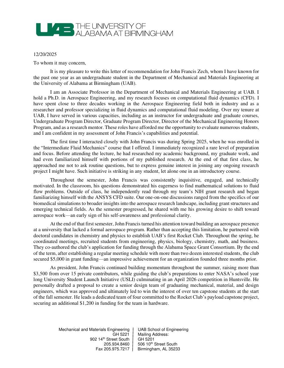 Preview of recommendation letter from Professor Roy P. Koomullil