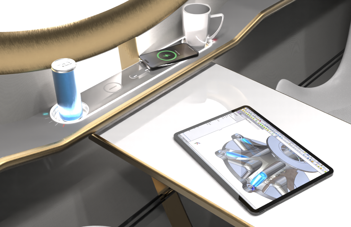 CAD render: side console with tablet, wireless charging, and cup holders