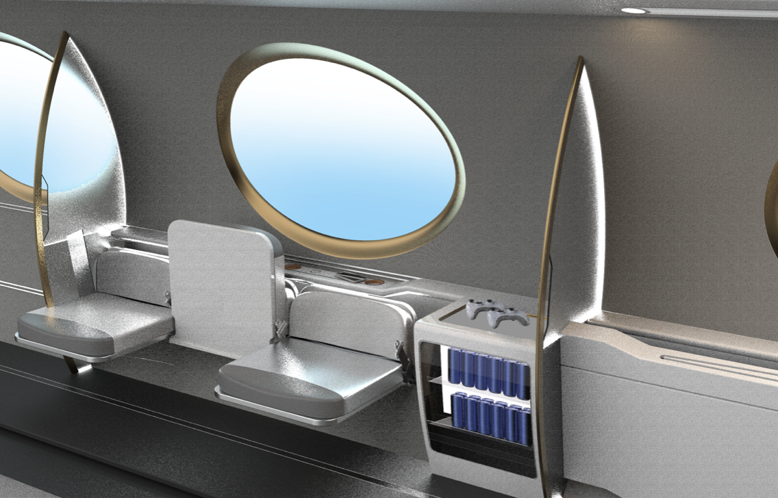CAD render: gaming lounge with wing dividers and mini-fridge